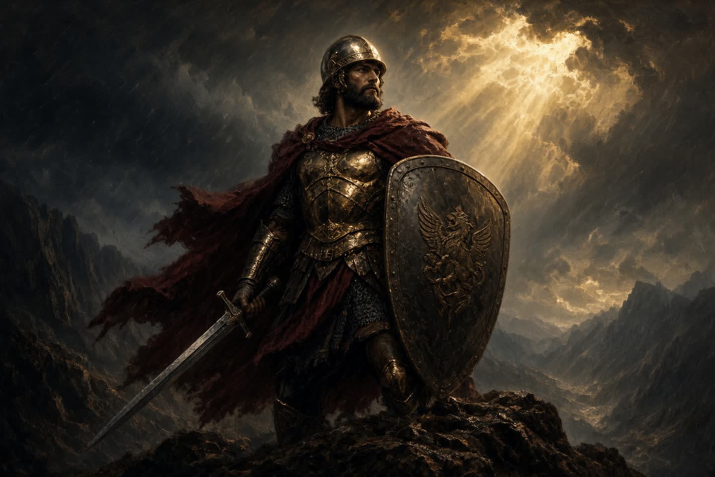 A warrior standing in a storm in the armor of God, sword and shield raised in golden light