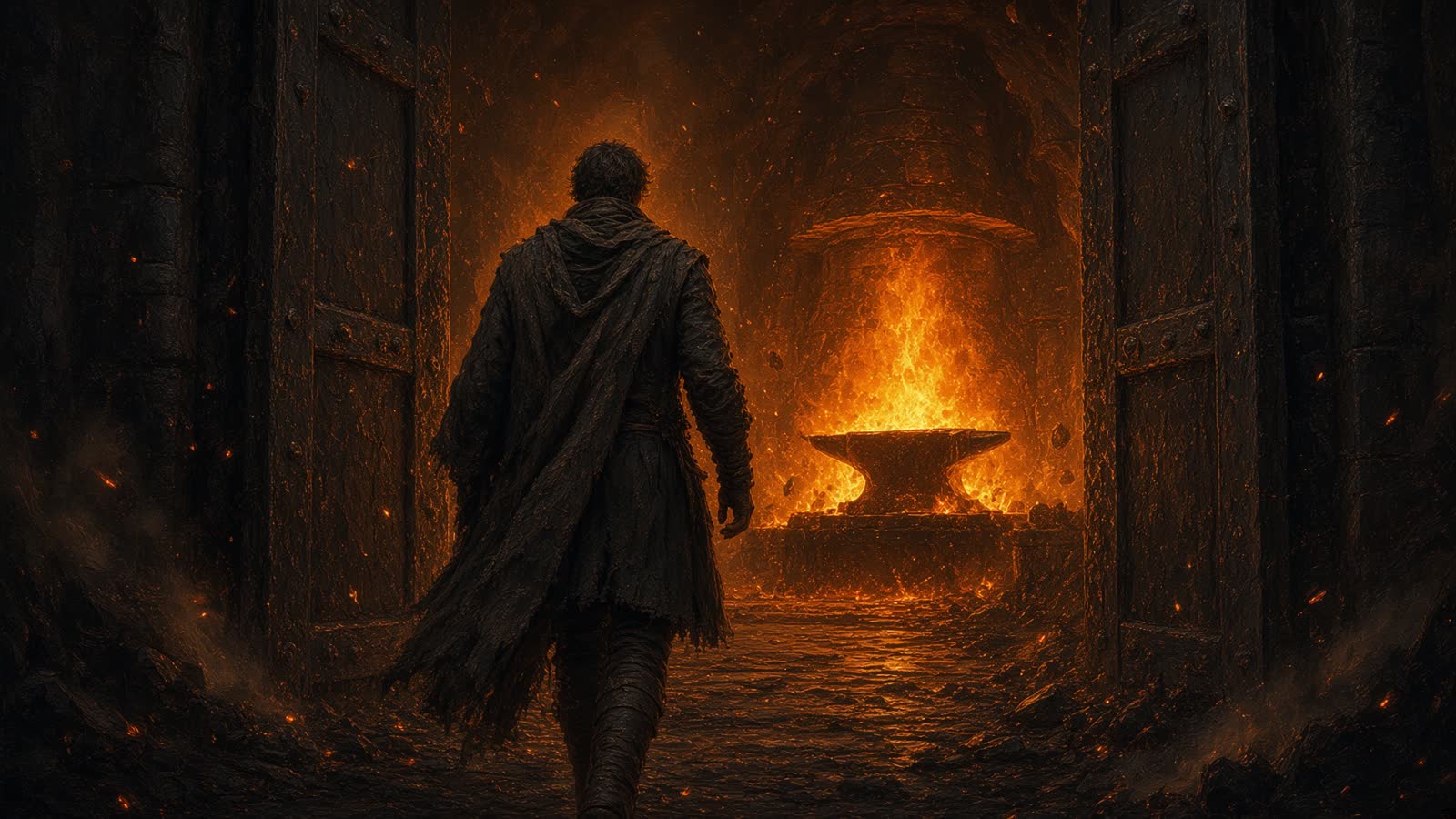 A man walking through a doorway into a blazing forge