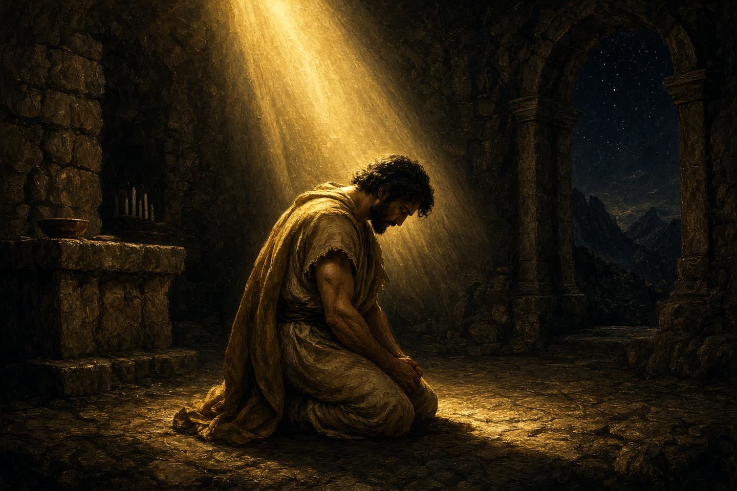 A man kneeling in a stone chapel as a shaft of heavenly light falls on his shoulders